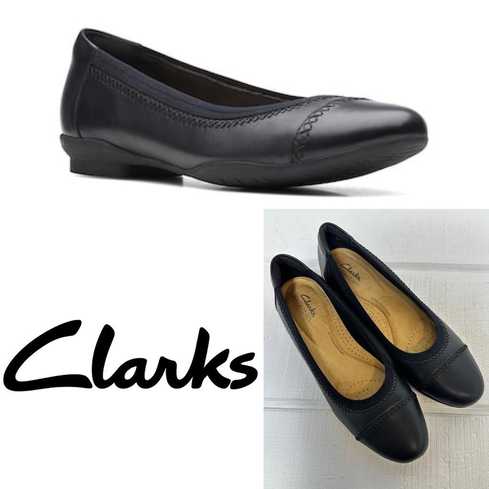 Clarks Sara Bay Ballet Flats Womens 8.5 Black Leather Slip On Like New